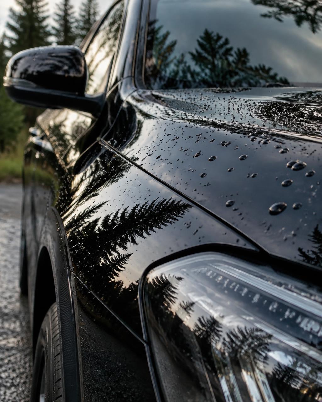 Water beading on freshly protected black paint, reflecting pine trees